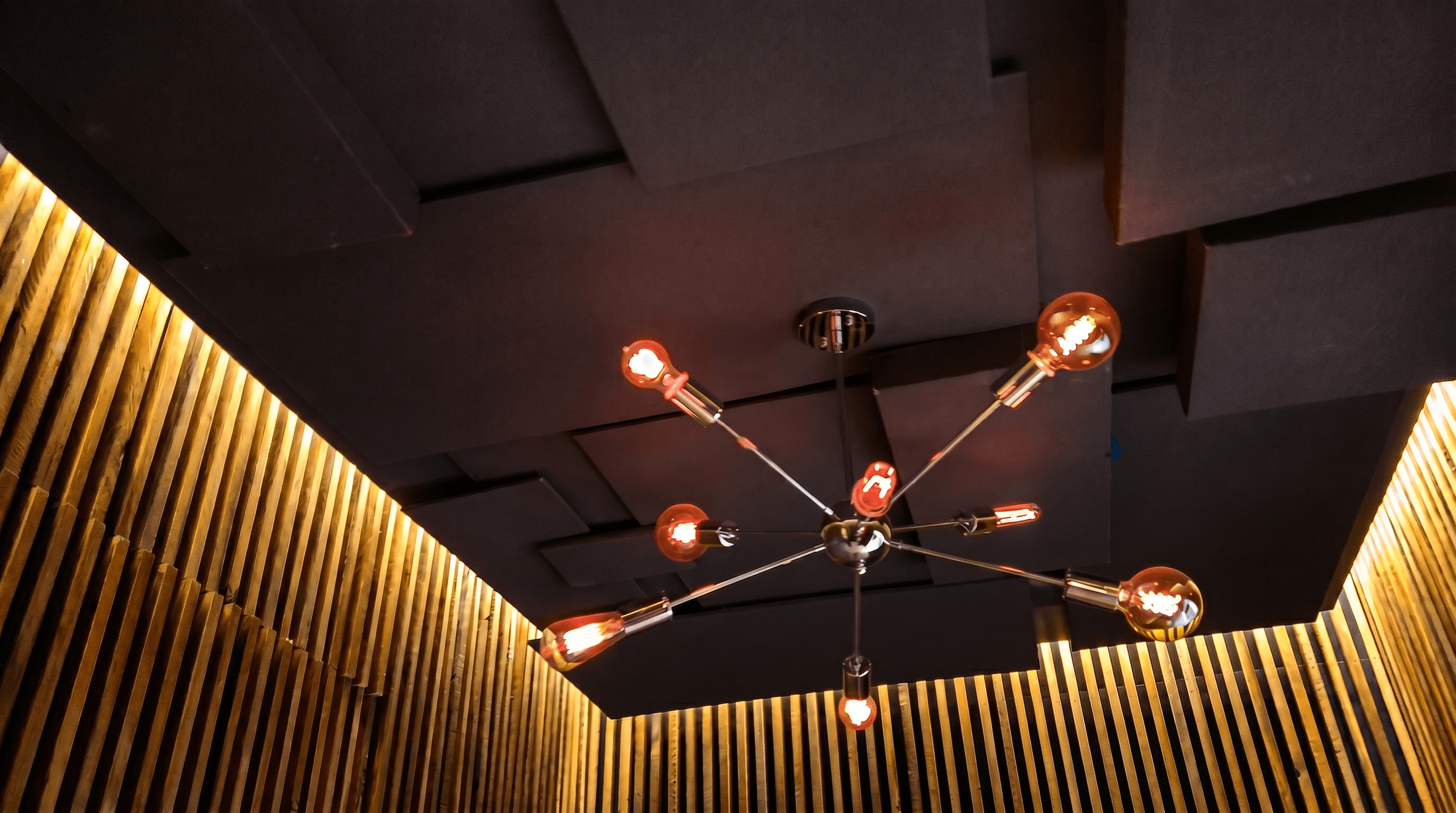 Geometric Acoustic Ceiling Wood Slat Lounge