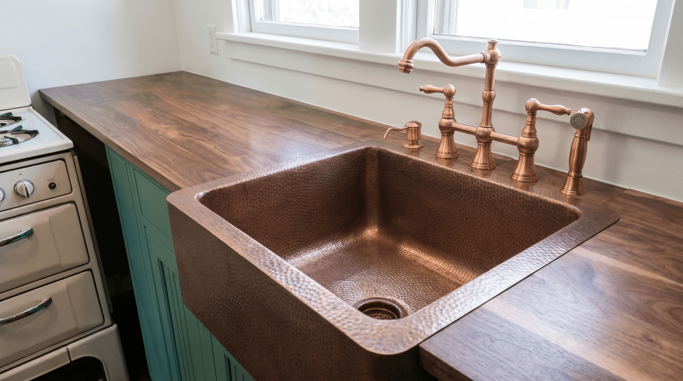 Hammered Copper Farmhouse Sink Kitchen